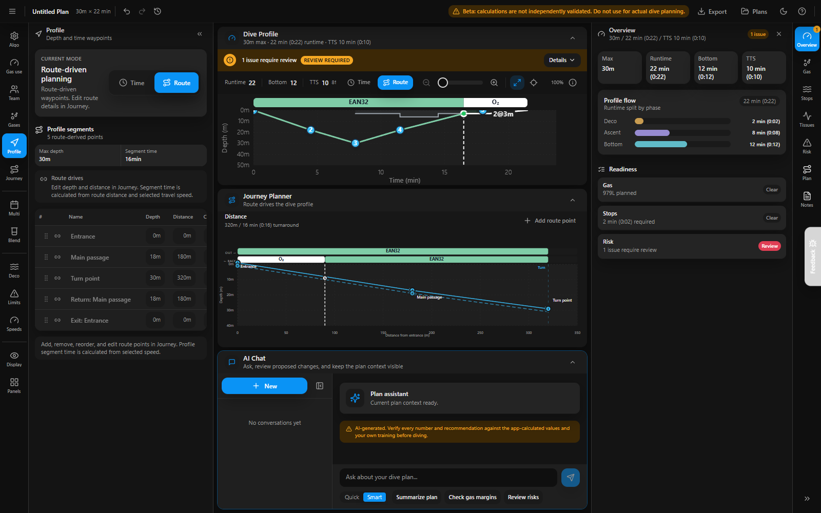 DivePlanner workspace showing a dive profile, route and gas overview