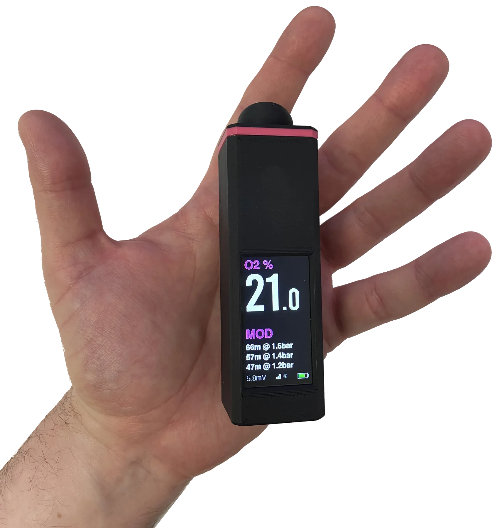 Compact Nitrox Analyser held in a hand