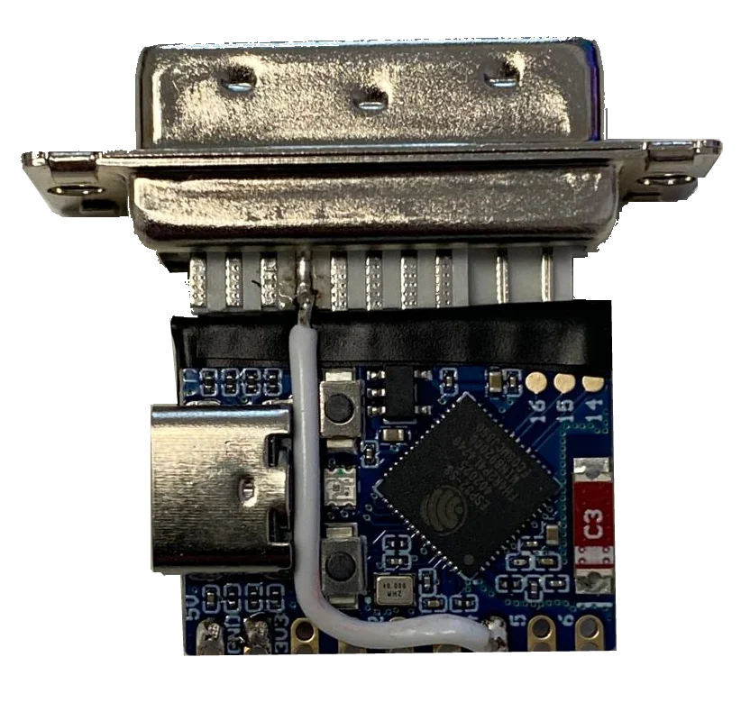 Top view of the DVI connector attached above the ESP32-S3 adapter board with its insulated wire routed beside the board