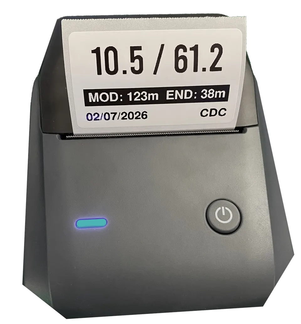 Niimbot printer showing a finished trimix analysis label with MOD and END
